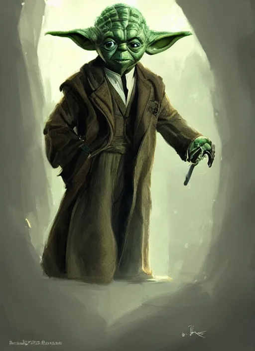 Image similar to Yoda wearing a Peaky Blinders suit and a flat cap, elegant, digital painting, concept art, smooth, sharp focus, illustration, from StarCraft by Ruan Jia and Mandy Jurgens and Artgerm and William-Adolphe Bouguerea