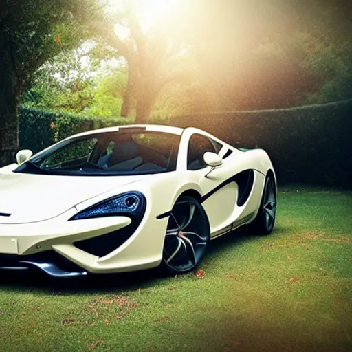 Image similar to A photo of a white dirty McLaren parked in the middle of a garden, 8K concept art, dreamy, garden, bushes, flowers, golden hour, vintage camera, detailed, UHD realistic faces, award winning photography, cinematic lighting