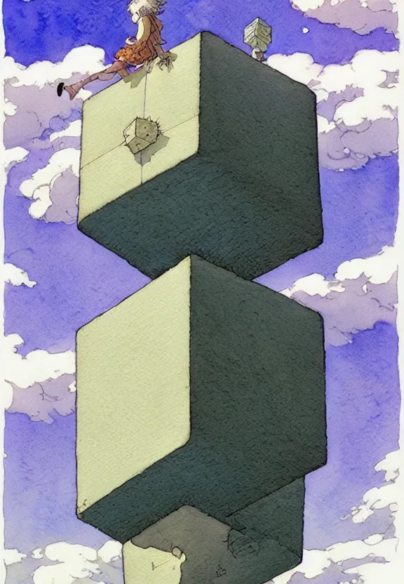 Image similar to a simple watercolor fantasy concept art of a giant sc - fi grey cube floating in the air. by studio ghibli, rebecca guay, michael kaluta, charles vess