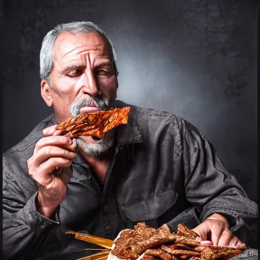 Prompt: Fantasy portrait of a big human fighter eating beef jerky who either looks really good for a 70 year old man or really bad for a 50 year old man