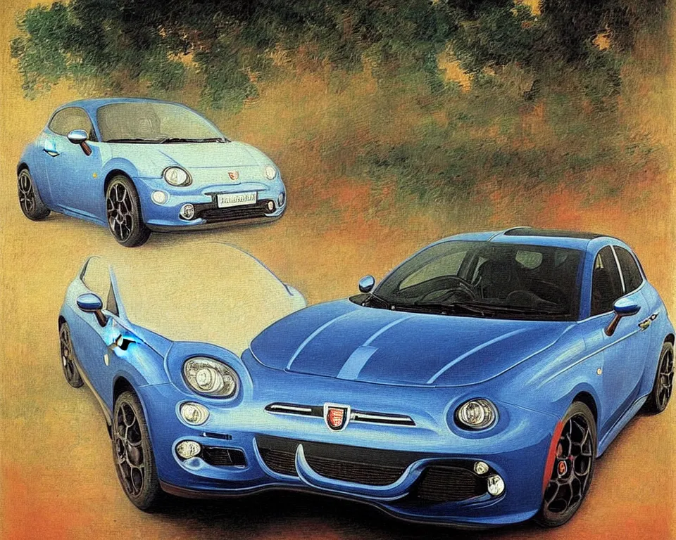 Prompt: achingly beautiful painting of a 2 0 1 3 fiatabarth by rene magritte, monet, and turner.