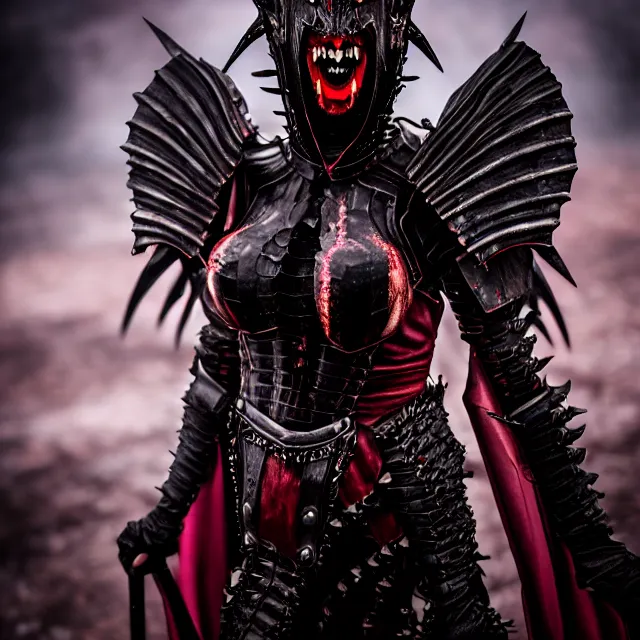 Image similar to full body photo of a vampire queen warrior wearing demonic armour, highly detailed, 4 k, hdr, smooth, sharp focus, high resolution, award - winning photo