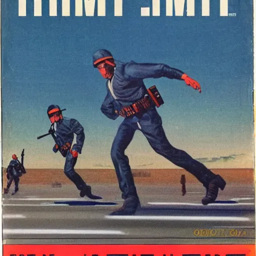 Prompt: 1979 OMNI Magazine Cover bank robbers fleeing the police on foot, Highly Detailed, 8k :4 by Vincent Di Fate : 8