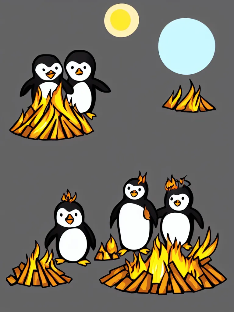 Prompt: vector graphic drawing of a two happy cute chibi penguins sitting around a campfire, artstation