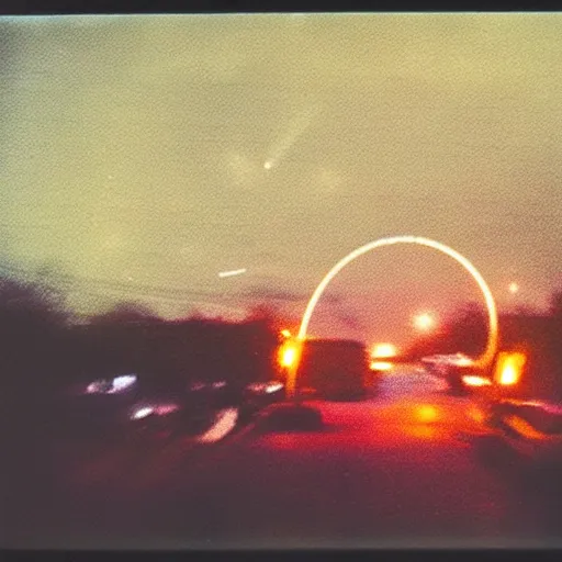 Image similar to a ring of lights flying through the sky, ufo!!, blurry photo, old polaroid, expired film, historical photo,