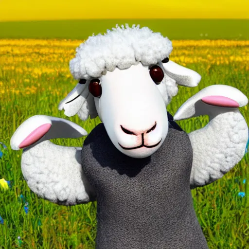 Image similar to a photorealistc sheep character wearing dress, speaking german greetings