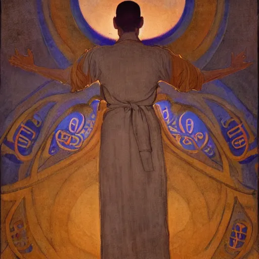 Image similar to a religious man with holes in his robes, old broken clothes, holes in a robe, holes in a religious man, annie swynnerton and nicholas roerich and jean delville, strong dramatic cinematic lighting, ornate tiled architecture, lost civilizations, smooth, sharp focus, extremely detailed