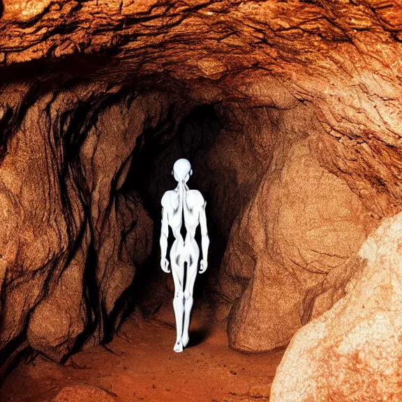 Prompt: portrait of a humanoid alien walking trough a beautiful cave