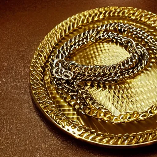 Prompt: luxury, golden chains, og kush, silver jewelery on the plate, palaroid, 9 0 s,