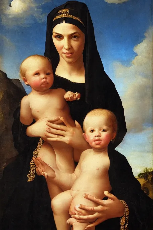 Prompt: kim kardashian as the madonna with child, painting by old dutch masters