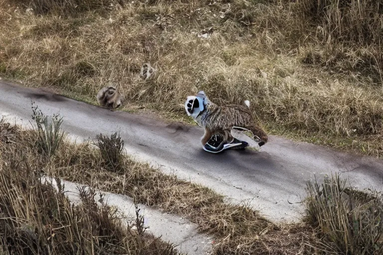 Image similar to wildlife photography of a Pallas cat riding a scooter, by Emmanuel Lubezki