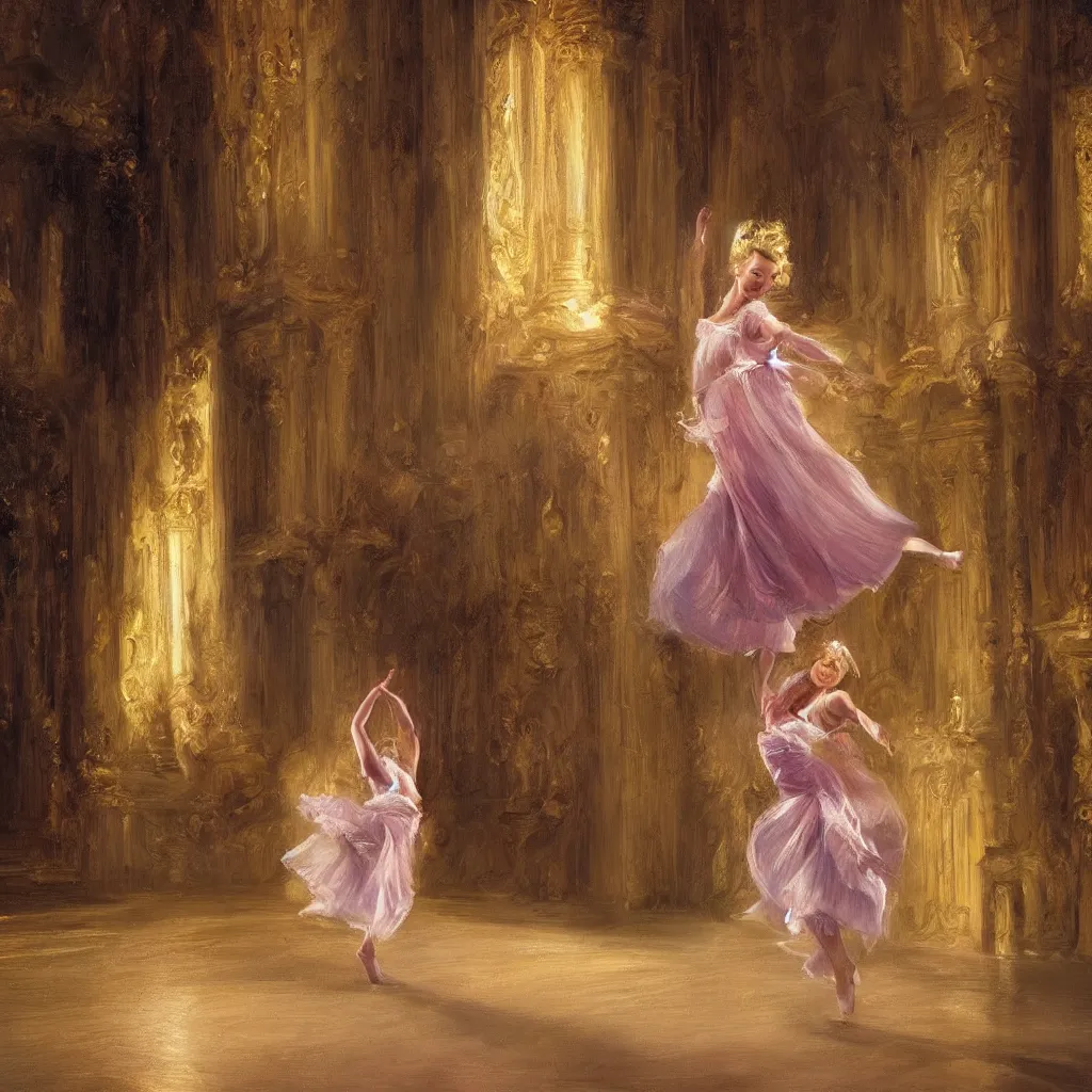 Prompt: a young girl with blond hair danced in the splendid palace, palace dance, dreamy, romantic, night lighting, highly detailed, expressive impressionist style, 8 k