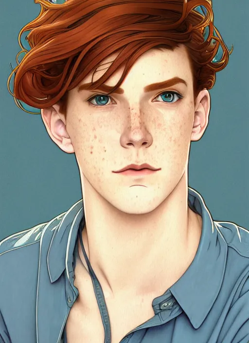 Image similar to well - lit art nouveau portrait of a young man with straight auburn hair, pale skin, freckles, light blue eyes, sad expression, casual clothes, natural lighting, path traced, highly detailed, high quality, cartoon, digital painting, by don bluth and ross tran and studio ghibli and alphonse mucha