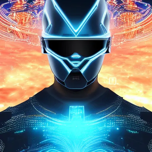 Prompt: techno god wearing a blue glass eye visor surrounded by futuristic city, cyber clothing, blue light, ultra detailed, intricate, digital art, 4 k, golden ratio,