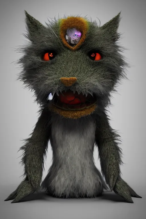 Prompt: 3 d model of adorable evil scary fur monster with glowing eyes by alexander jansson : 1 | centered, rainbow colored fur, matte background : 0. 9 | by jim henson : 0. 7 | dave melvin : 0. 4 | unreal engine, deviantart, artstation, octane, finalrender, concept art, hd, 8 k resolution : 0. 8