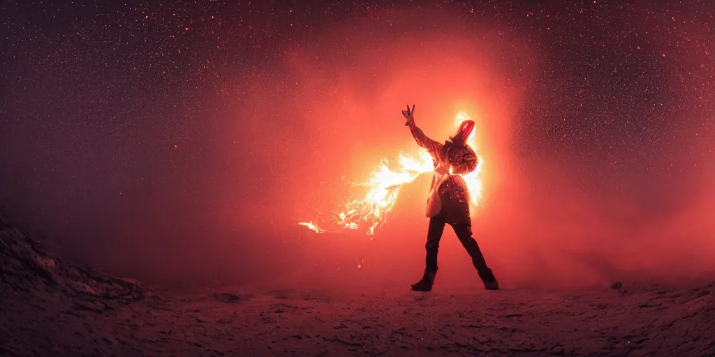 Image similar to fisheye slow motion with trail fire effect of futuristic break dancer wearing long dark cloak with glitter and golden helmet emitting fire, long exposure shot , enigmatic, at night in the middle of the arctic with red light A letter, paddle of water, steam, fog, water splashes, rim lights, glossy reflections, water droplets on lens, octane render, Volumetric dynamic lighting, stunning cover magazine, high details, hajime sorayama, glints, lens flares