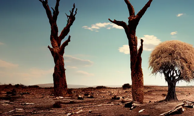 Image similar to medium shot of a crying ancient dried up Danu, peaceful, facing the camera and standing in front of a dried up river in a desolate land, dead trees, blue sky, hot and sunny, highly-detailed, elegant, dramatic lighting, artstation, 4k, cinematic landscape, photograph by Elisabeth Gadd