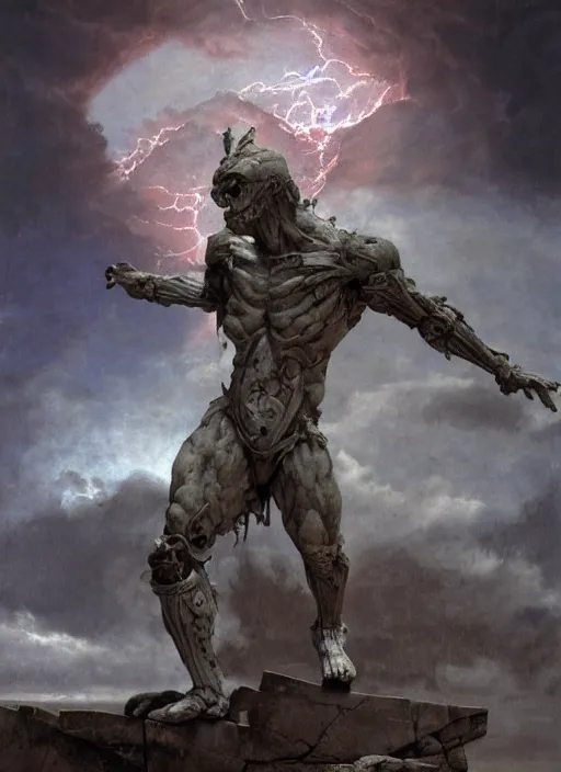 Image similar to ancient statue of a diabolical marble stone cyborg, wearing torn white cape, dynamic pose, thunder, glowing eyes, post apocalyptic ancient ruins, glowing veins subsurface scattering, in clouds, sunset, portrait, by gerald brom, by mikhail vrubel, by peter elson, muted colors, extreme detail, trending on artstation, 8 k