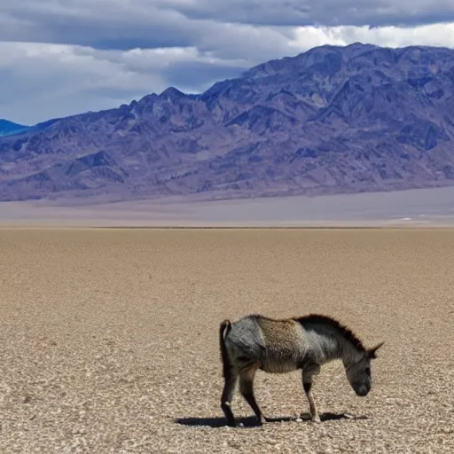 Prompt: death valley's invasive donkeys have become cat food