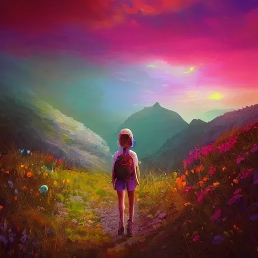 Image similar to giant daisy flower head, girl hiking in the mountains, surreal photography, sunrise, dramatic light, impressionist painting, colorful clouds, digital painting, artstation, simon stalenhag