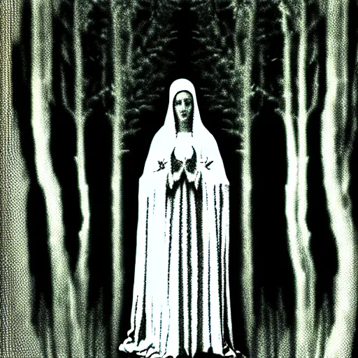 Image similar to marian apparition in forest, found footage, vhs, 1 9 9 0, beautiful, highly realistic, highly detailed, vhs noise static, black and white, vhs glitch