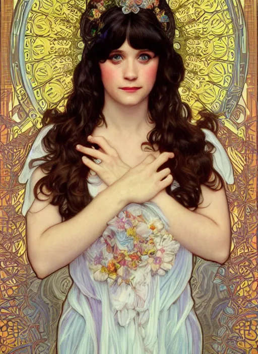 Image similar to Zooey Deschanel as God of Innocence, cute, fantasy, intricate, elegant, highly detailed, digital painting, 4k, HDR, concept art, smooth, sharp focus, illustration, art by alphonse mucha,artgerm, H R Giger