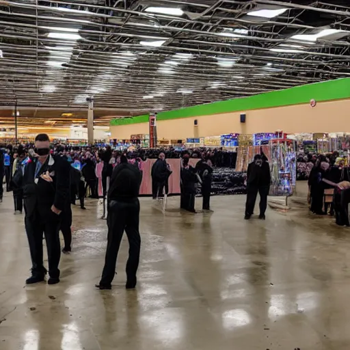 Image similar to A funeral inside a Walmart, dramatic photo