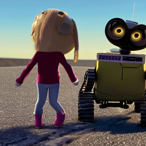 Prompt: eva and wall-e holding hands looking at the meteor that is going to destroy the world