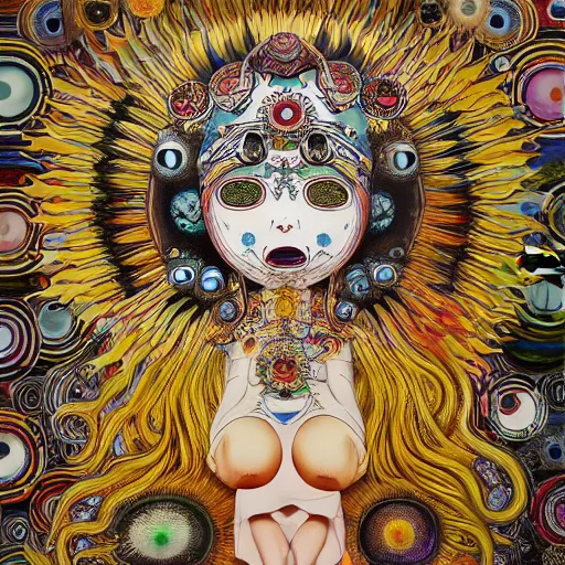 Image similar to the queen of the sun by takashi murakami and h.r. giger, full body, oil on canvas, intricately detailed artwork, full 8k high quality resolution, recently just found unknown masterpiece