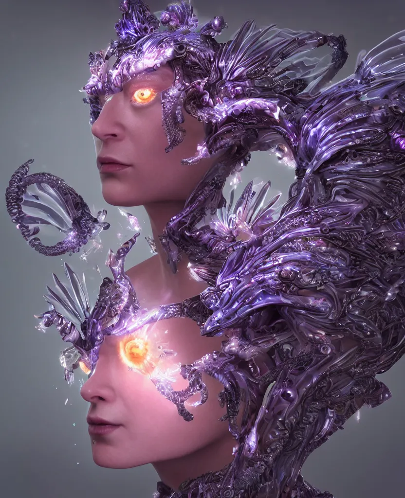Prompt: epic smooth close-up macro portrait of the face of a beautiful princess of dead, epic angle and pose, symmetrical artwork, 3d with depth of field, blurred background, cybernetic orchid flower butterfly jellyfish crystal dragon, female face skull phoenix bird, translucent, nautilus, energy flow. a highly detailed epic cinematic concept art CG render. made in Maya, Blender and Photoshop, octane render, excellent composition, cinematic dystopian brutalist atmosphere, dynamic dramatic cinematic lighting, aesthetic, very inspirational, arthouse. y Greg Rutkowski, Ilya Kuvshinov, WLOP, Stanley Artgerm Lau, Ruan Jia and Fenghua Zhong
