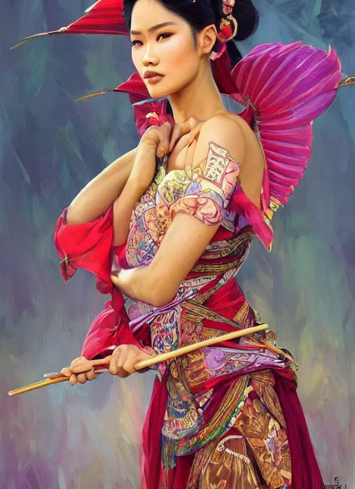 Image similar to portrait of an indonesian supermodels wearing traditional costume, highly detailed, digital painting, artstation, concept art, sharp focus, illustration, art by artgerm and james gurney and alphonse mucha