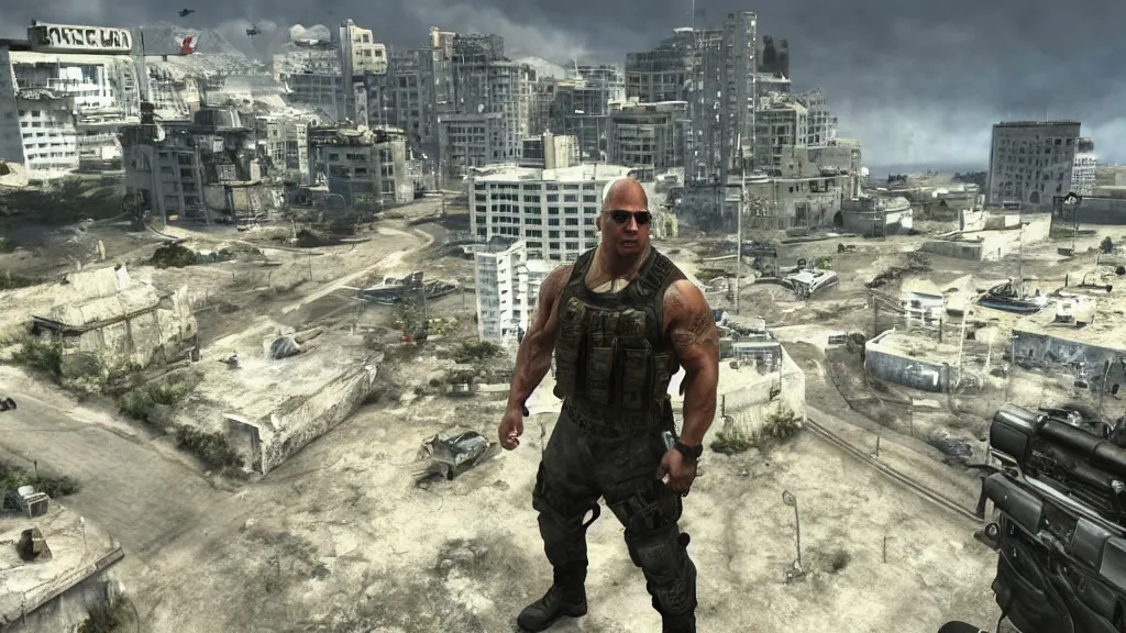 Prompt: dwayne the rock johnson, dwayne the rock johnson in the call of duty map highrise, modern warfare 2 highrise, screenshot