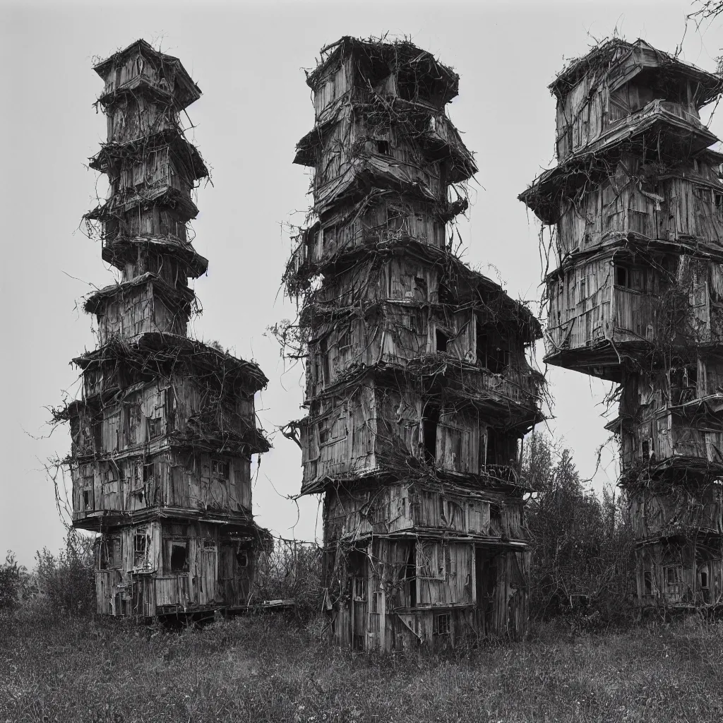 Image similar to two organic - looking towers, made up of makeshift squatter shacks, misty, dystopia, mamiya rb 6 7, fully frontal view, very detailed, photographed by ansel adams