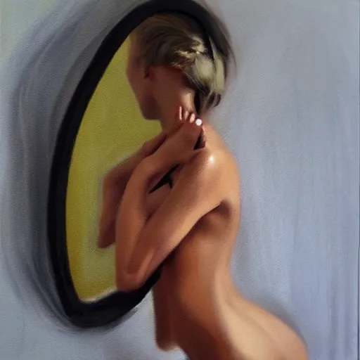 Image similar to fashion model looking in mirror, hyperrealism oil painting