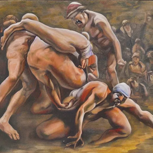 Image similar to 3 drunks fall over mud - wrestling,, where's wally, oil painted ( ( ( ( by salvador dali ) ) ) )