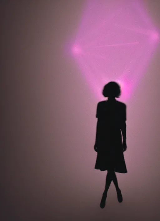 Prompt: a symmetrical female silhouette walking, astral projection, purple glowing aura, out of body experience, film grain, cinematic lighting, experimental film