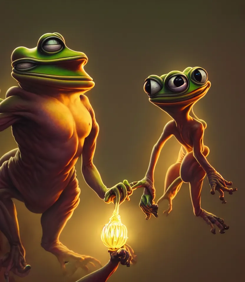 Image similar to pepe the frog, ultra realistic, dramatic lighting, authoritative pose, highly detailed by peter mohrbacher, hajime sorayama, wayne barlowe, boris vallejo, aaron horkey, gaston bussiere, craig mullins, octane render, cycles render, vray, iridescent