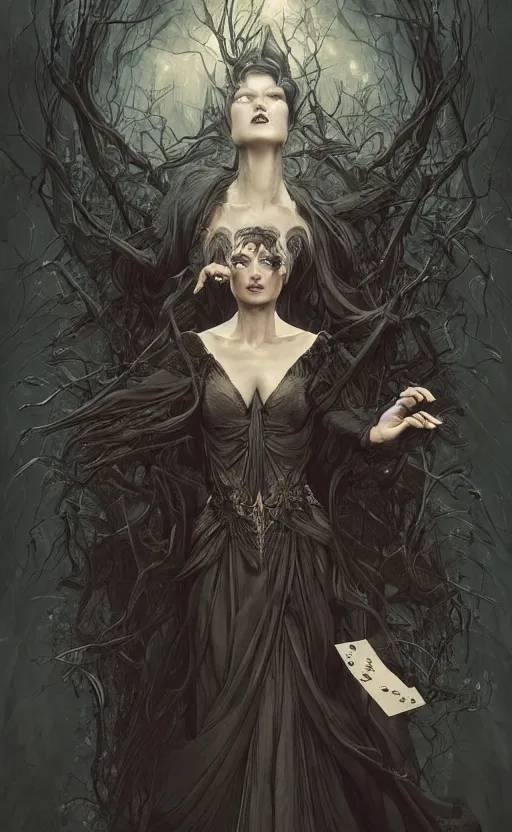 Prompt: playing card of the three fates, dark and ethereal, wild hairs, expressive poses, dark dress, fantasy, intricate, dark forest background, highly detailed, digital painting, artstation, concept art, smooth, sharp focus, illustration, art by artgerm and greg rutkowski, artgerm and alphonse mucha