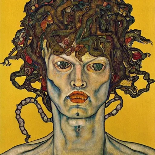 Image similar to heads of medusa made of water and candy by egon schiele
