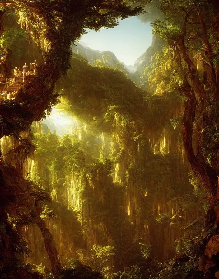 Image similar to an ancient temple lost in a gigantic forest by thomas cole, painting, cinematography, epic lighting,