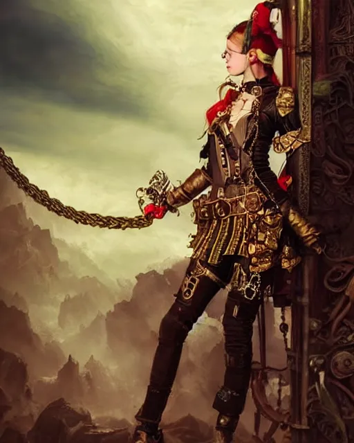 Image similar to a beautiful young female steampunk pirate wearing leather armor on gold and red trimmings on green, very cool pose, pirate ship with an epic sky background, slightly smiling Charlie Bowater Annie Leibovitz, zhuoxin ye, cinematic lighting and composition, fantasy painting, very detailed, ornate, 8k trending on artstation and pinterest, deviantart, google images