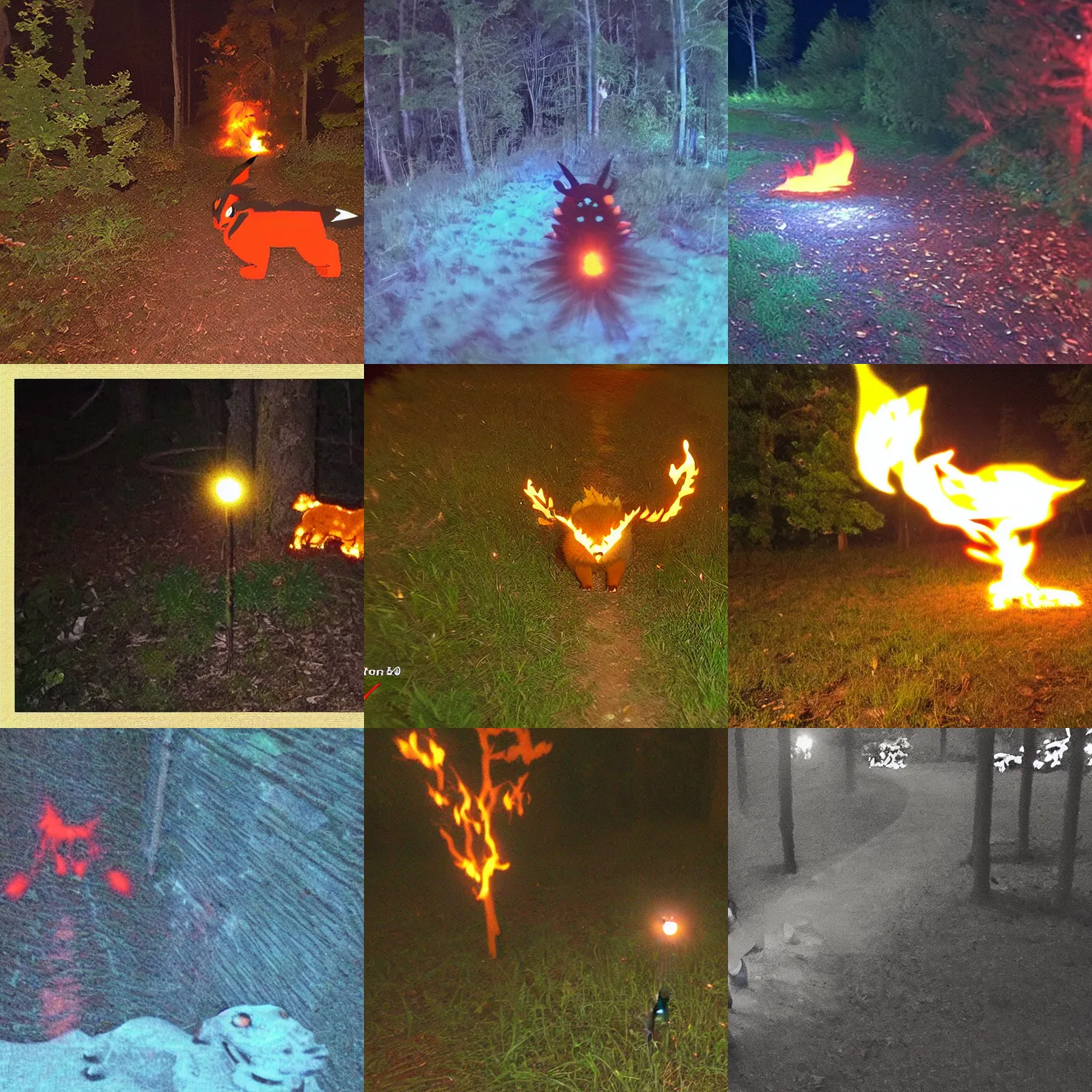 Prompt: trail cam footage of a wild fire type real pokemon at night