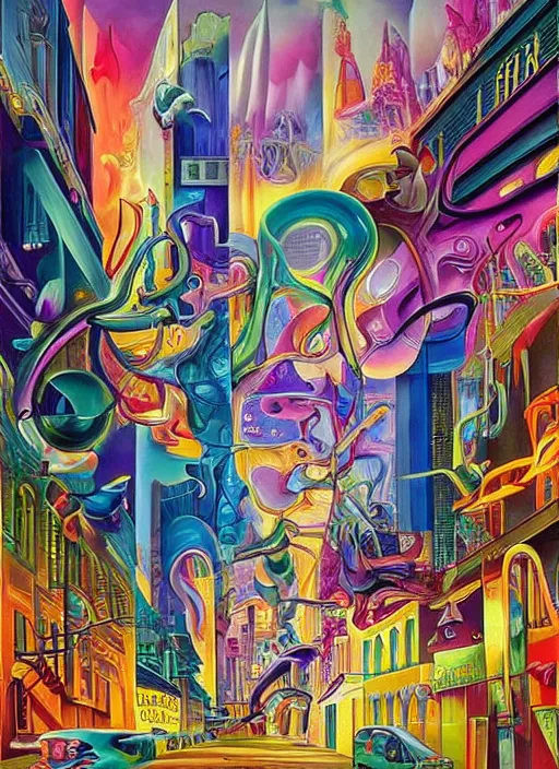 Image similar to an extremely high quality hd surrealism painting of a 3d galactic neon complimentary-colored cartoony surrealism melting optically illusiony city street by kandsky and salvia dali the second, salvador dali's much much much much more talented painter cousin, clear shapes, 8k, ultra realistic, super realistic