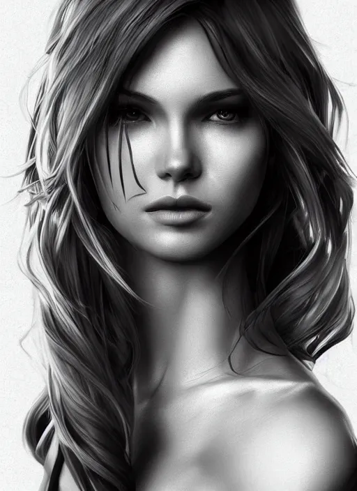 Image similar to full body portrait of a beautiful woman in black and white, photorealistic, hair down to waist, art by diego fazio and diegoKoi and artgerm, concept art, hyper sharp focus, 8k highly detailed