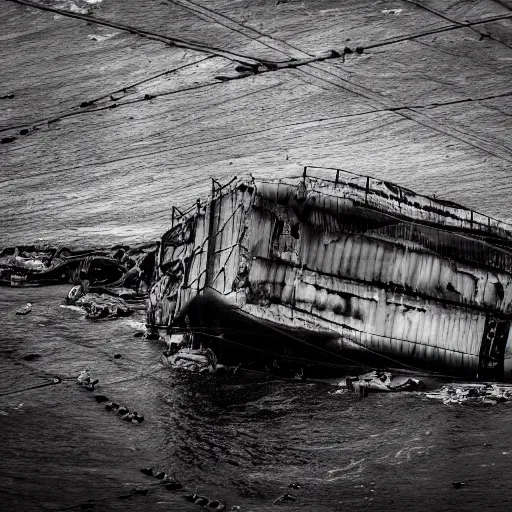 Image similar to crashed cargo ship leaking mysterious black gooey liquid, mysterious black slime, black gooey liquid leaking out of crashed cargo ship, apocalyptic, ruined, container ship, crashed, 8 5 mm f / 1. 4