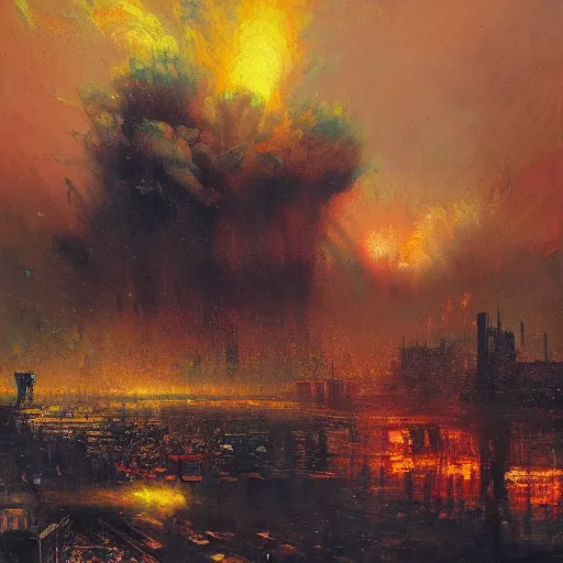 Image similar to An atom bomb explosion in Mumbai, by Carl Gustav Carus, by Wadim Kashin, by Paul Lehr, oil on canvas, masterpiece, trending on ArtStation