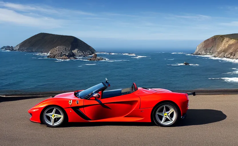 Image similar to a still of a ferrari monza sp 2 parked along the pacific coast highway, ocean in the background, 8 k,