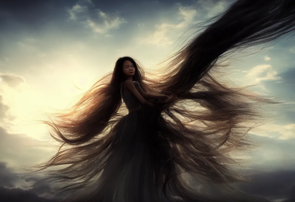 Prompt: a thin, pretty young Filipino woman with long hair floats dramatically in the air in a dreamy world in the distance, her face is in shadow, eyes closed, very beautiful, inspiring, hopeful, dramatic lighting, abstract digital art, trending on artstation