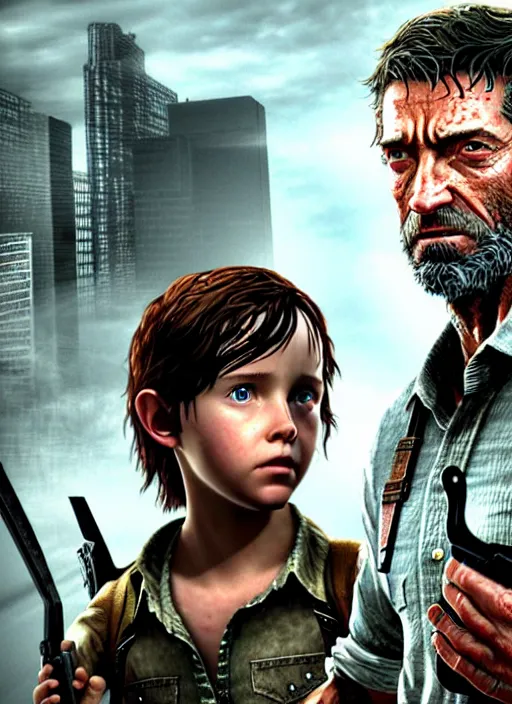 Prompt: hugh jackman as joel from the last of us standing with millie bobby brown as ellie, character concept art, hyperrealistic, detailed, accurate illustration, dramatic lighting