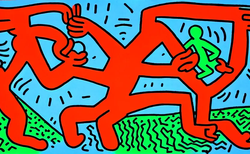 Prompt: highly detailed landscape painting by keith haring, 4k